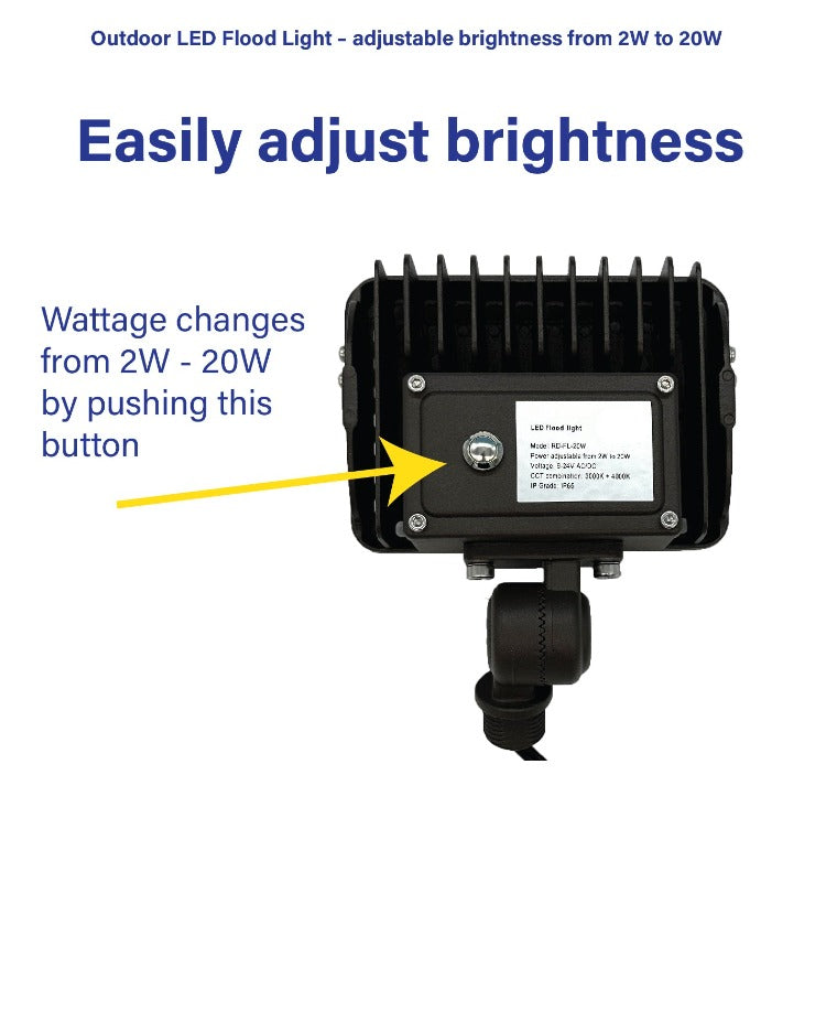 Outdoor LED Flood Light – Adjustable 2-20 Watts, Adjustable 3000K-4000K 12V